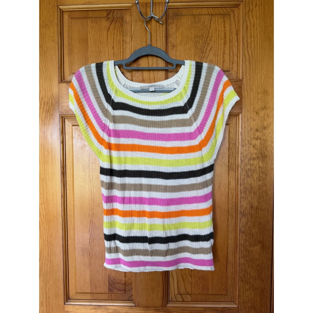 Loft Petites Multi-Color Striped Short Sleeve Knit Sweater Top MP Ramie Rayon